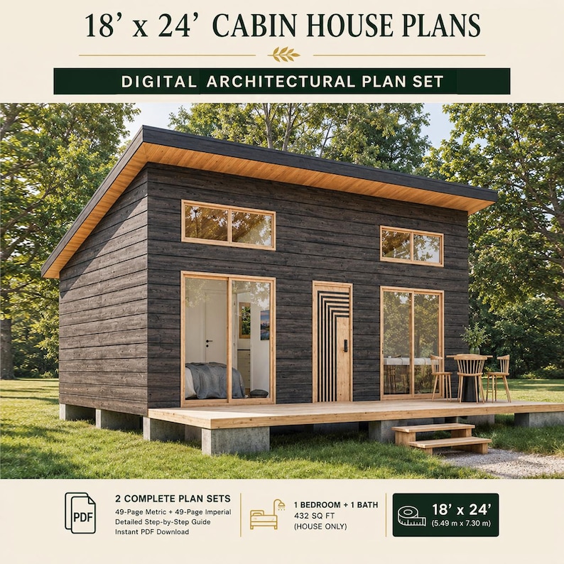 Pu&ograve; includere: Set di piani architettonici digitali per una baita di 5,49 m x 7,30 m. La struttura presenta un rivestimento in legno scuro orizzontale, un tetto a una falda, una terrazza in legno, porte scorrevoli in vetro e una porta con motivo.
