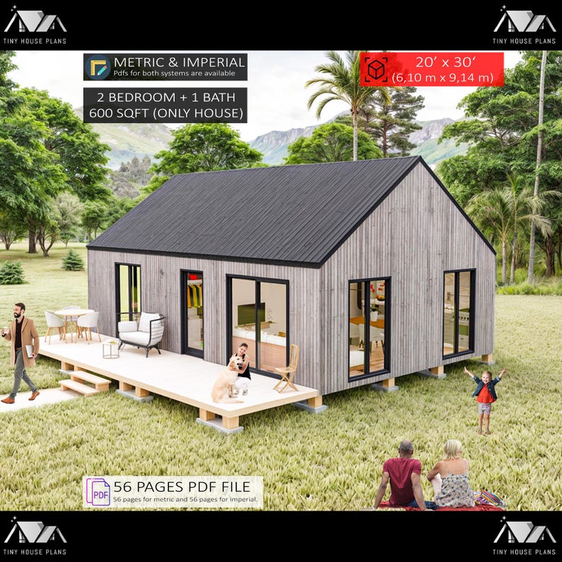 Barndom-Pläne 2 Schlafzimmer 20 'x 30 ', Cottage House Plan, 600 SQFT Barndo Grundrisse, kleine Hauspläne, Hüttenpläne, Bauernhauspläne Bild 1