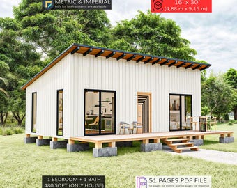 Cabin House Plans 16 x 30, Tiny House Plans, Modern House Adu Plans, Cabin DIY Plans, Small House Plans, Tiny Cabin Plans, Cottage Plans