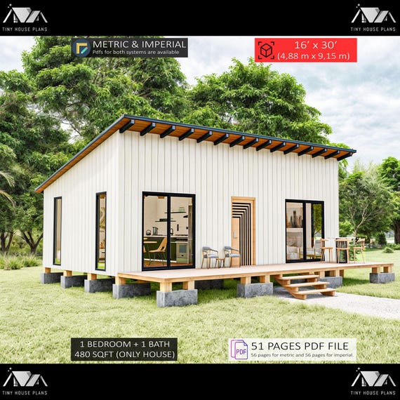 Cabin House Plans 16 x 30, Tiny House Plans, Modern House Adu Plans, Cabin DIY Plans, Small House Plans, Tiny Cabin Plans, Cottage Plans