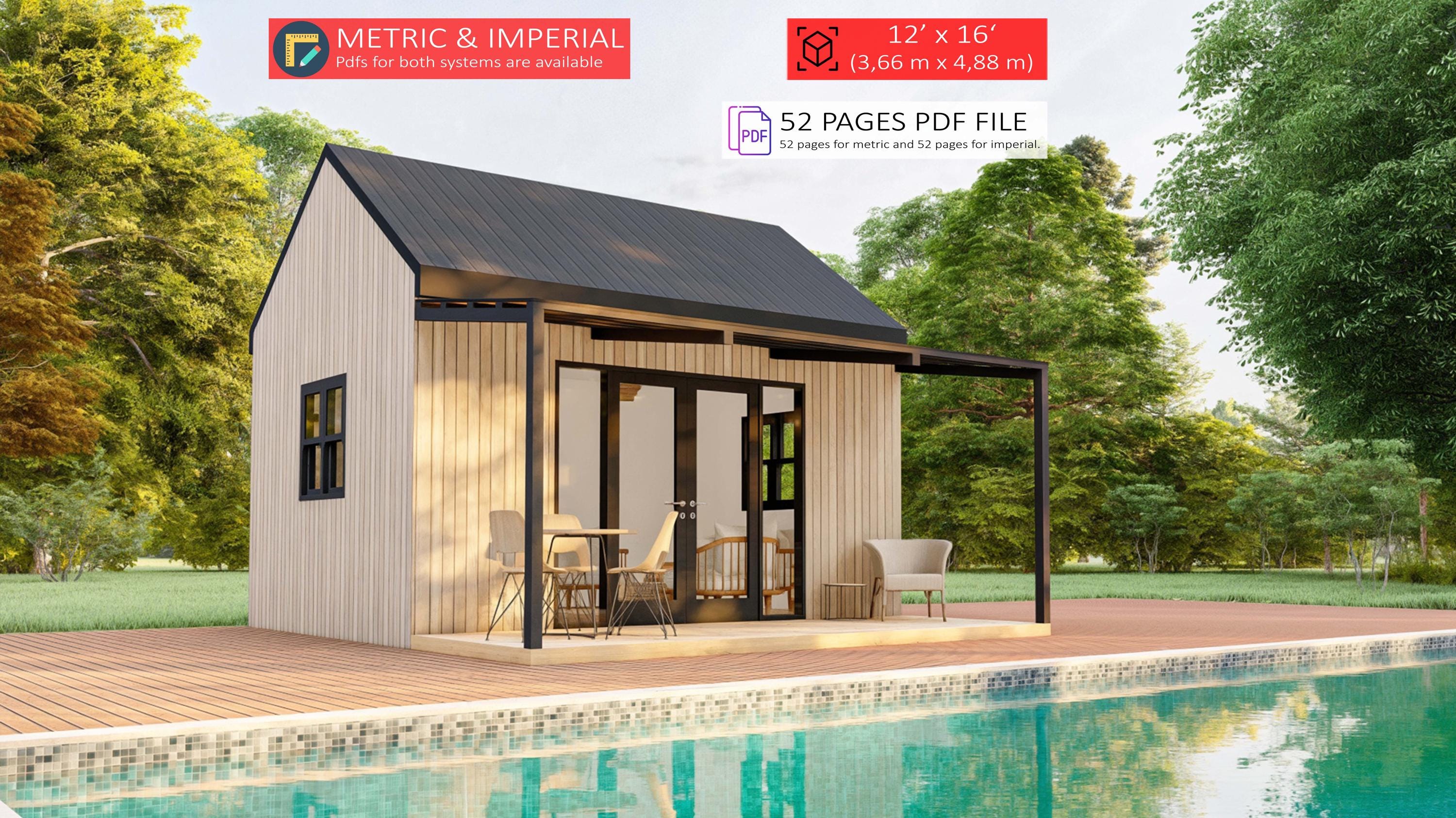 Pool Tiny House Plans 12x16, Guest House Plans, Cottage Plans, Modern Shed Plans DIY, Cabin House Plans, Garden Shed, Small House Adu Plans