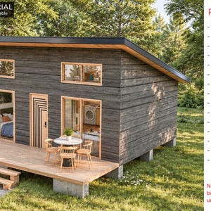 Pu&ograve; includere: Un rendering digitale di una piccola baita in legno scuro con tetto spiovente, una veranda anteriore e un elenco dei documenti inclusi: disegni dettagliati, piani di struttura, spiegazioni 3D e 2D, liste dei materiali e di taglio.