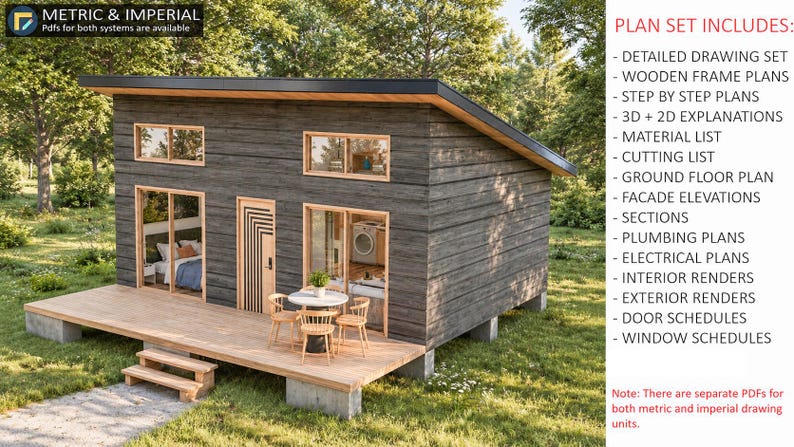 Pu&ograve; includere: Un rendering digitale di una piccola baita in legno scuro con tetto spiovente, una veranda anteriore e un elenco dei documenti inclusi: disegni dettagliati, piani di struttura, spiegazioni 3D e 2D, liste dei materiali e di taglio.