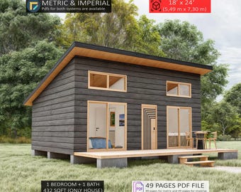 Tiny Cabin House Plans 18 x 24, Small Cottage Plans, Tiny House Plans, 1 Bedroom Small House Plans, Modern House Adu Floor Plans