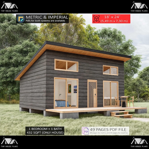 Tiny Cabin House Plans 18 x 24, Small Cottage Plans, Tiny House Plans, 1 Bedroom Small House Plans, Modern House Adu Floor Plans