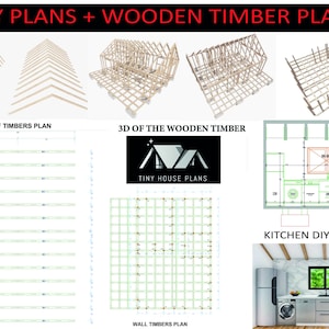 K&ouml;nnte beinhalten: DIY-Pl&auml;ne f&uuml;r ein kleines Haus mit einem 3D-Modell des Holzfachwerks, einem Dachbalkenplan, einem Wandbalkenplan und einer K&uuml;chenansicht. Die Pl&auml;ne enthalten Ma&szlig;e in Zoll.
