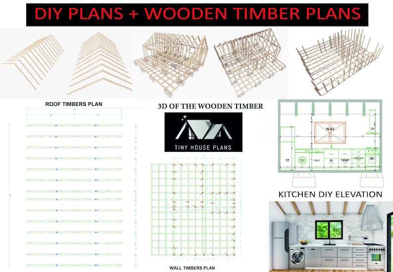 K&ouml;nnte beinhalten: DIY-Pl&auml;ne f&uuml;r ein kleines Haus mit einem 3D-Modell des Holzfachwerks, einem Dachbalkenplan, einem Wandbalkenplan und einer K&uuml;chenansicht. Die Pl&auml;ne enthalten Ma&szlig;e in Zoll.
