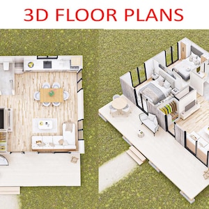 K&ouml;nnte beinhalten: Zwei 3D-Grundrisse eines kleinen Hauses mit einem Wohnzimmer, einer K&uuml;che, einem Schlafzimmer und einem Badezimmer. Die Pl&auml;ne werden von oben und aus der Perspektive gezeigt.