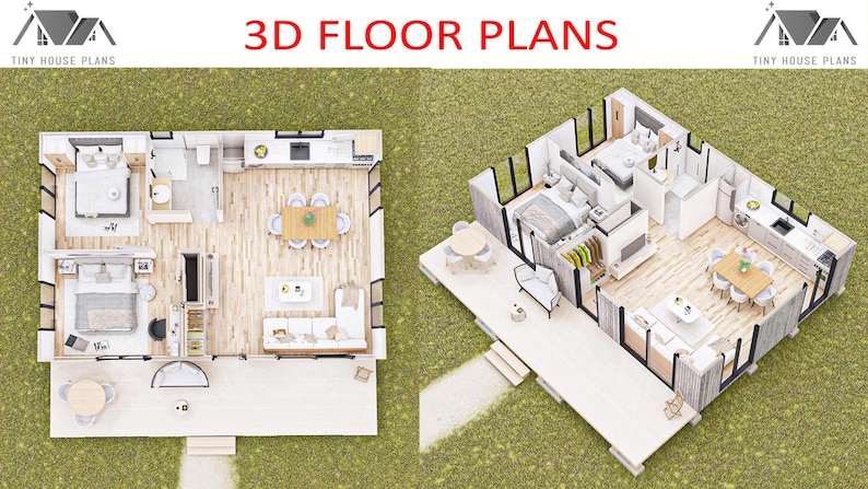 K&ouml;nnte beinhalten: Zwei 3D-Grundrisse eines kleinen Hauses mit einem Wohnzimmer, einer K&uuml;che, einem Schlafzimmer und einem Badezimmer. Die Pl&auml;ne werden von oben und aus der Perspektive gezeigt.
