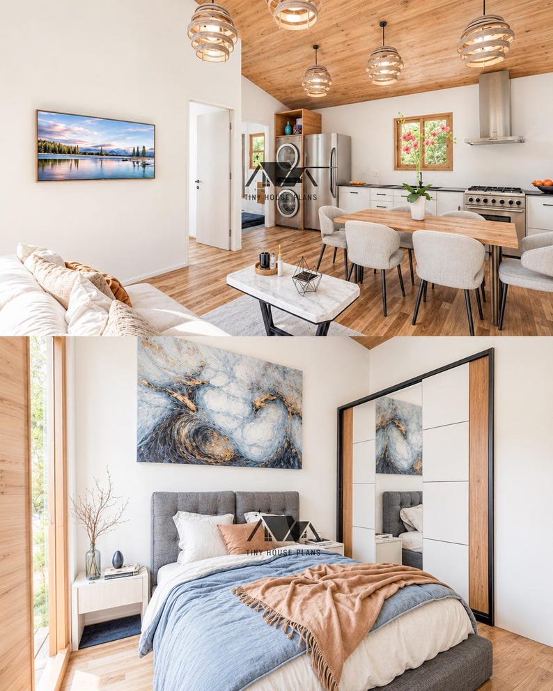 Pu&ograve; includere: Un layout di design d'interni in due parti che mostra una cucina con soffitti in legno chiaro, pareti bianche e una zona pranzo, accanto a una camera da letto con un letto grigio imbottito, una coperta blu e marrone e arte astratta blu e oro.