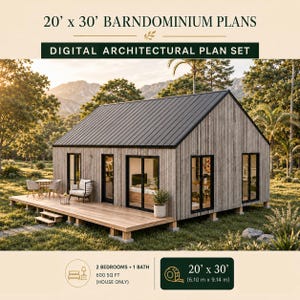 Barndominium-planer 2 sovrum 20'x30', stughusplan, 57 kvm Barndo-planritningar, småhusplaner, stugplaner, bondgårdsplaner