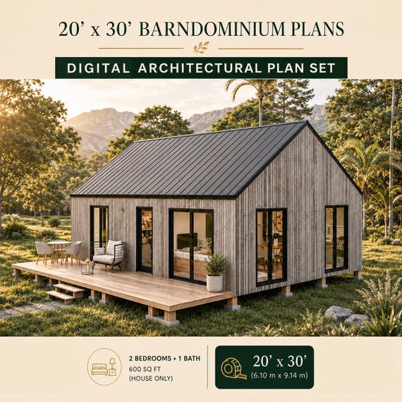 Barndominium Plans 2 Bedroom 20'x30', Cottage House Plan, 600 SQFT Barndo Floor Plans, Tiny House Plans, Cabin Plans, Farmhouse Plans