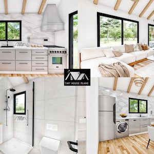 K&ouml;nnte beinhalten: Eine 3D-Darstellung der Inneneinrichtung eines Tiny Houses mit K&uuml;che, Badezimmer, Wohnzimmer und Essbereich. Die K&uuml;che verf&uuml;gt &uuml;ber Edelstahlger&auml;te, wei&szlig;e Schr&auml;nke und eine Marmorarbeitsplatte. Das Badezimmer hat einen wei&szlig;en Waschtisch, eine Dusche und eine Toilette. Das Wohnzimmer hat ein wei&szlig;es Ecksofa, einen Couchtisch und einen Fernseher. Der Essbereich verf&uuml;gt &uuml;ber einen Tisch mit vier St&uuml;hlen.