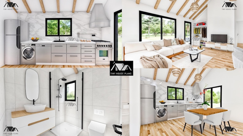 K&ouml;nnte beinhalten: Eine 3D-Darstellung der Inneneinrichtung eines Tiny Houses mit K&uuml;che, Badezimmer, Wohnzimmer und Essbereich. Die K&uuml;che verf&uuml;gt &uuml;ber Edelstahlger&auml;te, wei&szlig;e Schr&auml;nke und eine Marmorarbeitsplatte. Das Badezimmer hat einen wei&szlig;en Waschtisch, eine Dusche und eine Toilette. Das Wohnzimmer hat ein wei&szlig;es Ecksofa, einen Couchtisch und einen Fernseher. Der Essbereich verf&uuml;gt &uuml;ber einen Tisch mit vier St&uuml;hlen.