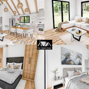 K&ouml;nnte beinhalten: Vier verschiedene Einrichtungsideen f&uuml;r ein Tiny House. Das erste Bild zeigt ein Wohnzimmer mit einem wei&szlig;en Sofa, einem Couchtisch und einem Esstisch mit St&uuml;hlen. Das zweite Bild zeigt ein Wohnzimmer mit einem wei&szlig;en Ecksofa, einem Couchtisch und einem gro&szlig;en Fenster. Das dritte Bild zeigt ein Schlafzimmer mit einem wei&szlig;en Bett, einem Nachttisch und einem gro&szlig;en Fenster. Das vierte Bild zeigt ein Schlafzimmer mit einem wei&szlig;en Bett, einem Schreibtisch und einem eingebauten B&uuml;cherregal.