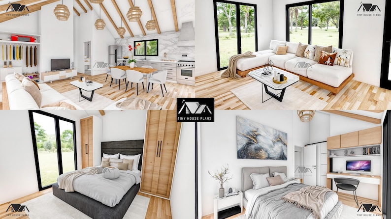 K&ouml;nnte beinhalten: Vier verschiedene Einrichtungsideen f&uuml;r ein Tiny House. Das erste Bild zeigt ein Wohnzimmer mit einem wei&szlig;en Sofa, einem Couchtisch und einem Esstisch mit St&uuml;hlen. Das zweite Bild zeigt ein Wohnzimmer mit einem wei&szlig;en Ecksofa, einem Couchtisch und einem gro&szlig;en Fenster. Das dritte Bild zeigt ein Schlafzimmer mit einem wei&szlig;en Bett, einem Nachttisch und einem gro&szlig;en Fenster. Das vierte Bild zeigt ein Schlafzimmer mit einem wei&szlig;en Bett, einem Schreibtisch und einem eingebauten B&uuml;cherregal.