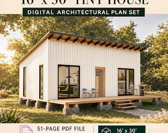 Cabin House Plans 16 x 30, Tiny House Plans, Modern House Adu Plans, Cabin DIY Plans, Small House Plans, Tiny Cabin Plans, Cottage Plans