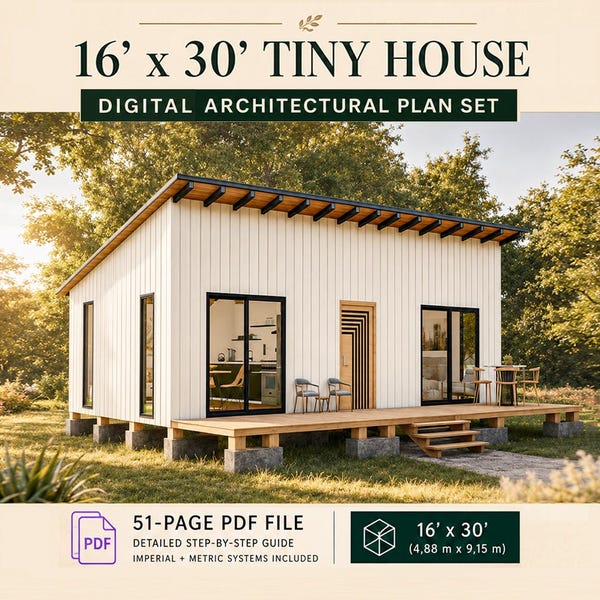 Cabin House Plans 16 x 30, Tiny House Plans, Modern House Adu Plans, Cabin DIY Plans, Small House Plans, Tiny Cabin Plans, Cottage Plans