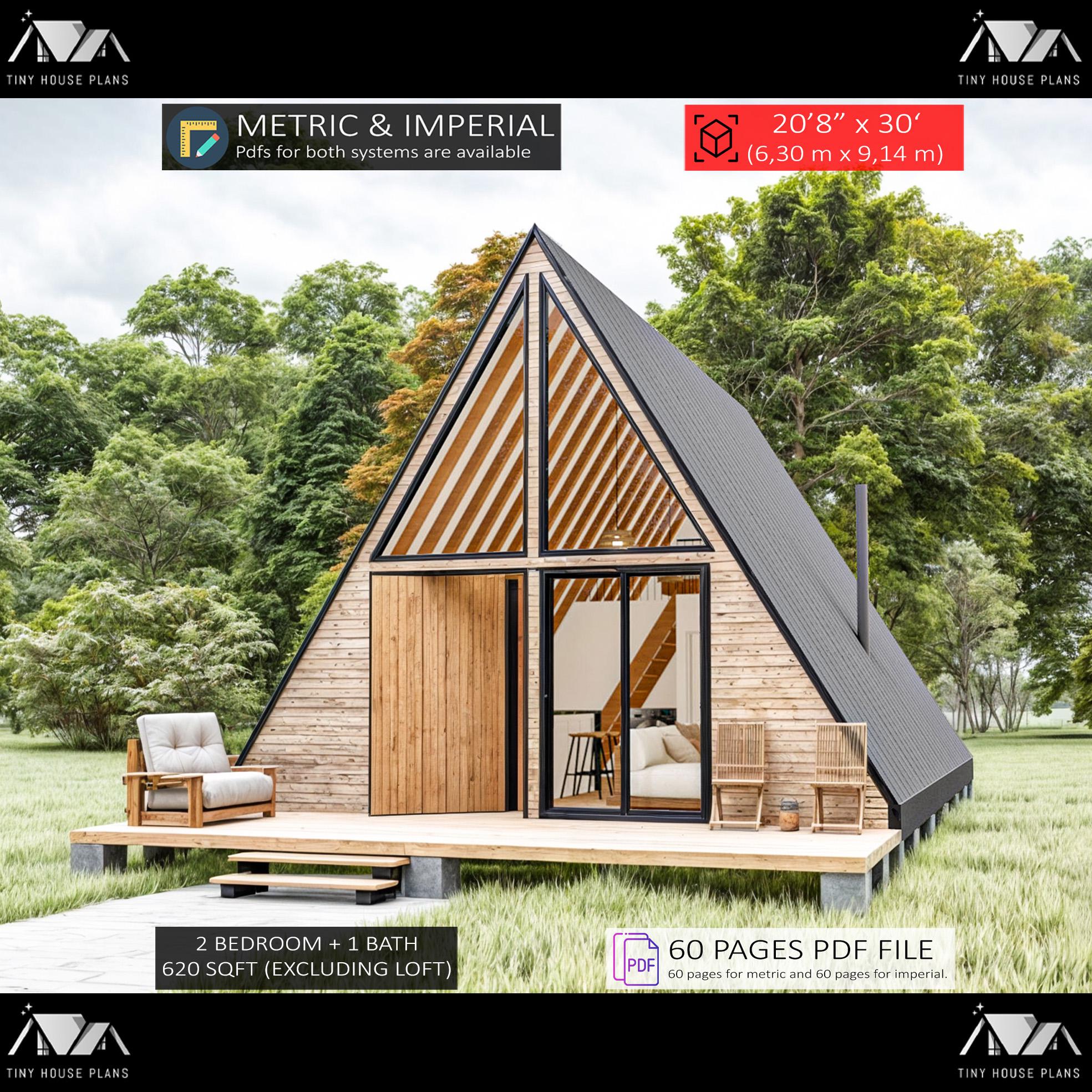 A Frame House Plans 20 x 30, Tiny Cabin DIY, 2 Bedroom Small Adu Floor Plans