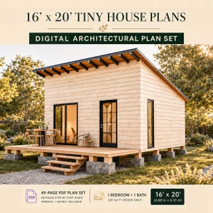 Tiny House Plans 16 x 20, Small Cabin DIY, 1 Bedroom Adu Plans (PDF)