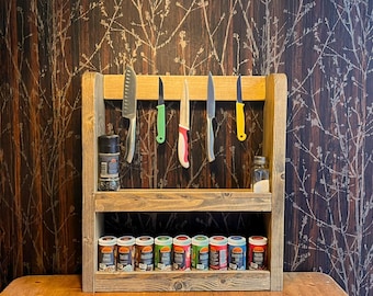 Rustic spice rack made of recycled wood with magnetic knife holder - country style kitchen rack for spices, knives and utensils