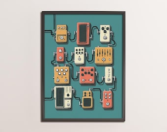 Stampa artistica di un pedale per chitarra – Illustrazione colorata, decorazione per la stanza della musica (download digitale)