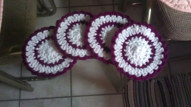 Handmade Crocheted Burgundy and White Coasters image 1