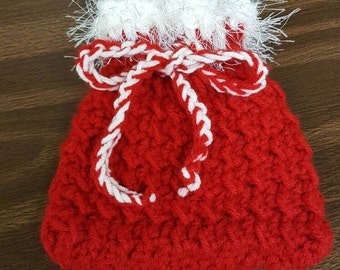 Handmade Crocheted Red Christmas Pouch with White Fun Fur