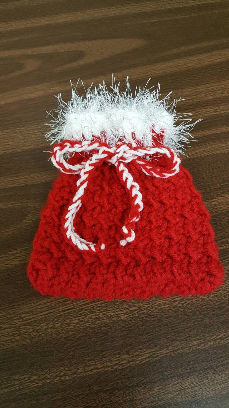 Handmade Crocheted Red Christmas Pouch with White Fun Fur image 1