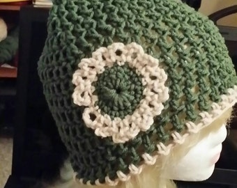 Handmade Crocheted Green and Beige Hat/ Cap/Slouchy