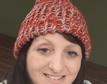 Red and Gray Loom Knitted Hat/ Slouchy Hat/ Cap