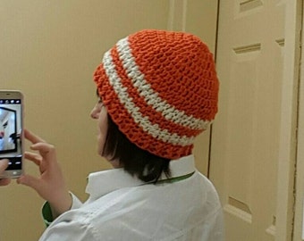 Handmade Crocheted Orange and Beige Hat/Cap/Skull Cap