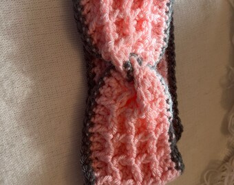 Handmade Crocheted Pink and Gray Headband