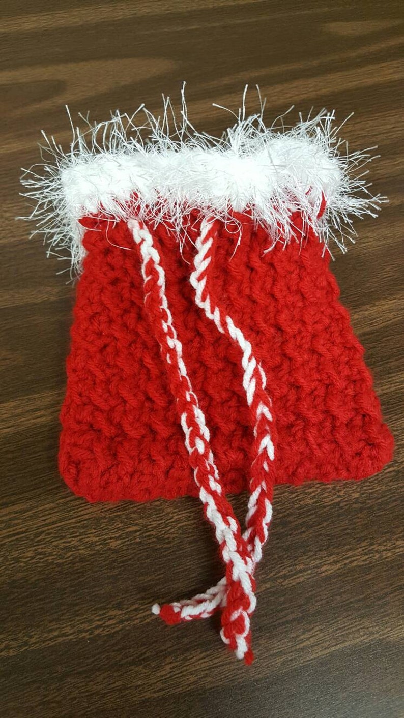 Handmade Crocheted Red Christmas Pouch with White Fun Fur image 3