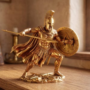 Può includere: Una statuetta color oro di un guerriero spartano in una posa di combattimento dinamica, con elmo crestato e mantello, che impugna una lunga lancia e uno scudo circolare con una lettera A in rilievo, su una base rocciosa.