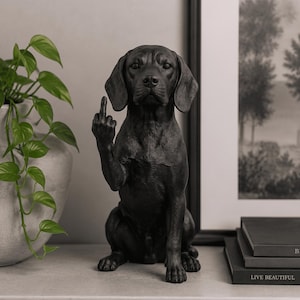 Peut inclure: Une figurine de chien noir mat en position assise avec la patte avant droite levée, montrant un geste du majeur. La sculpture présente une texture de fourrure détaillée, des oreilles tombantes et une expression faciale concentrée, en ton sombre.