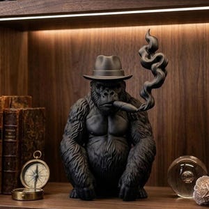 Gorilla Statue - Smoking Ape Figurine in Black Resin