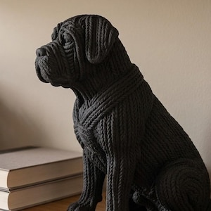 Könnte beinhalten: Eine mattschwarze Hundefigur, die mit einer strukturierten Oberfläche geformt ist, welche das Aussehen von dickem, geflochtenem Seil oder Garn nachahmt. Der Hund ist in sitzender Position dargestellt, nach links gewandt, mit detaillierten Gesichtszügen.