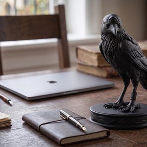 Pode incluir: Uma escultura de corvo preto sobre uma base circular, com texturas de penas detalhadas e um bico afiado. A figura da ave está posicionada sobre uma secretária de madeira junto a um caderno de couro, uma caneta de tinta permanente, um tinteiro e um portátil.