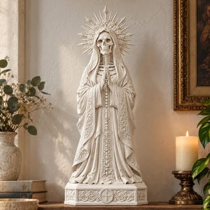 Santa Muerte vit hartsstaty, skelett med rosenkrans och krona