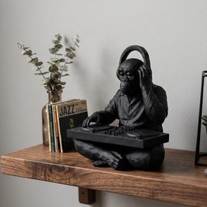 DJ Chimp Statue, Modern Resin Monkey Decor with Matte Black Finish