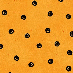 May include: Orange background with a repeating pattern of small, black jack-o'-lantern faces. The pumpkins are hand-drawn with simple, curved lines, and scattered across the surface. Small red dots are also scattered across the orange background.
