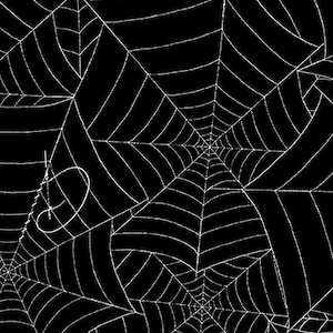 May include: A seamless pattern of white spiderwebs against a black background. The webs are intricately designed, radiating from central points and creating a dense, repeating motif. Ideal for Halloween or gothic-themed projects.
