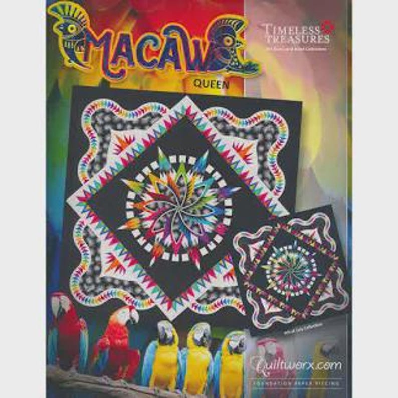 May include: A colorful quilt pattern featuring a central starburst design with a black background and a smaller matching square. The design includes the word "Macaw" and images of parrots. The quilt is part of the "Timeless Treasures" collection.