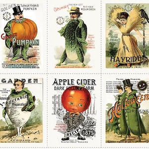 May include: A collection of vintage-style illustrations featuring anthropomorphic vegetables and fruits. Each image has text, including "Vegetable," "Pumpkin," "Potato Eyes," "Garden," "Apple Cider," "Hayride," "Halloween," and "October Onion."