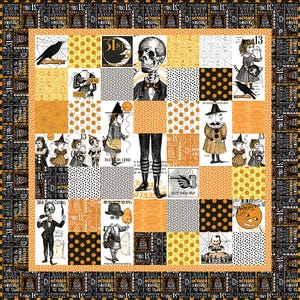 May include: A Halloween-themed quilt featuring a patchwork design with various spooky illustrations. The quilt showcases images of a skull, witches, crows, and pumpkins in orange, black, gray, and white. The border includes text that says "October 31".