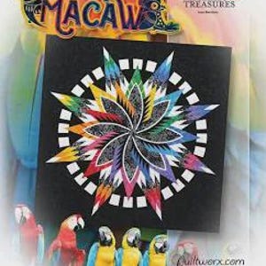 May include: A black square fabric panel with a colorful starburst design, featuring a white circular border. The word "Macaw" is above the panel, with parrot illustrations. The panel is for quilting, with the text "Timeless Treasures" and "Quiltworx.com".