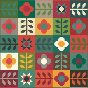 May include: A colorful patchwork quilt with a repeating geometric pattern. The design features squares with floral and star motifs in shades of red, green, yellow, and blue. The quilt has a textured appearance.