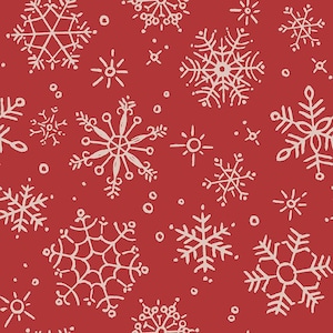 May include: A seamless pattern featuring hand-drawn snowflakes in various sizes and shapes, scattered across a red background. The snowflakes are off-white, creating a contrasting winter design. The design includes small dots and starbursts.