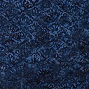 May include: Dark blue fabric with a repeating pattern of stylized floral or leaf-like shapes. The design has a batik-like appearance, with variations in the blue hues creating depth and texture. The fabric is suitable for quilting or crafting.